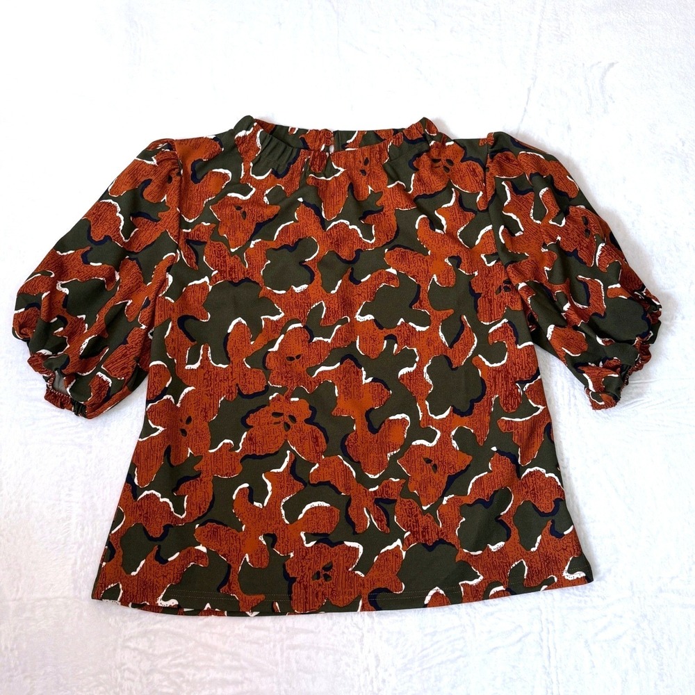 Melloday Blouse Puff Sleeve Large Rust Olive Women Mock Neck Abstract Print Top